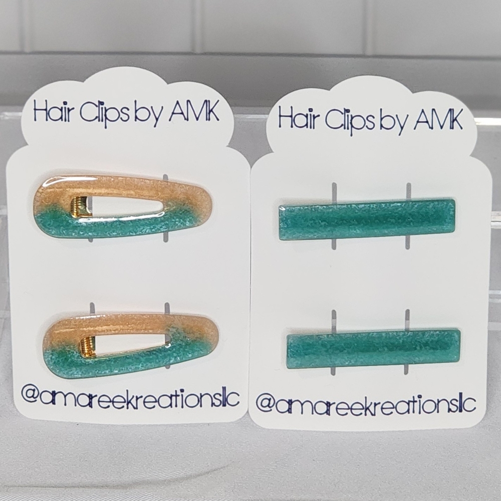 4pc Gold and Teal Resin Hair Clips